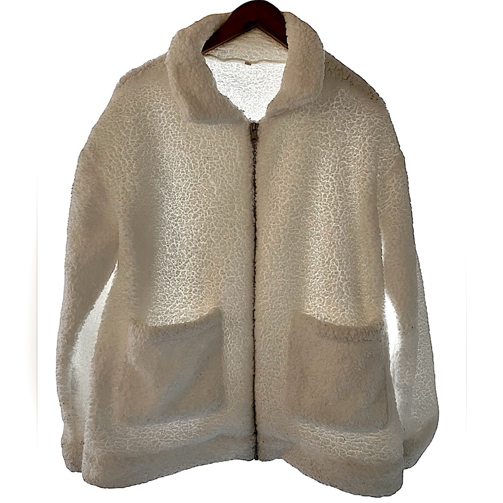 Faux Sherpa White Teddy Zip Jacket Collar Pockets Drop Shoulder Winter, Size L
